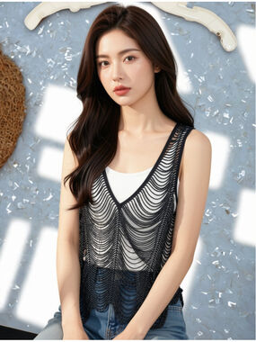 Zara! Black Beaded Art Deco Sheer Mesh V-Neck Size Small NWT Party Tank Top